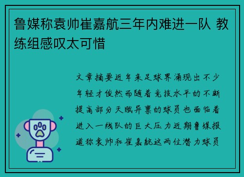 鲁媒称袁帅崔嘉航三年内难进一队 教练组感叹太可惜